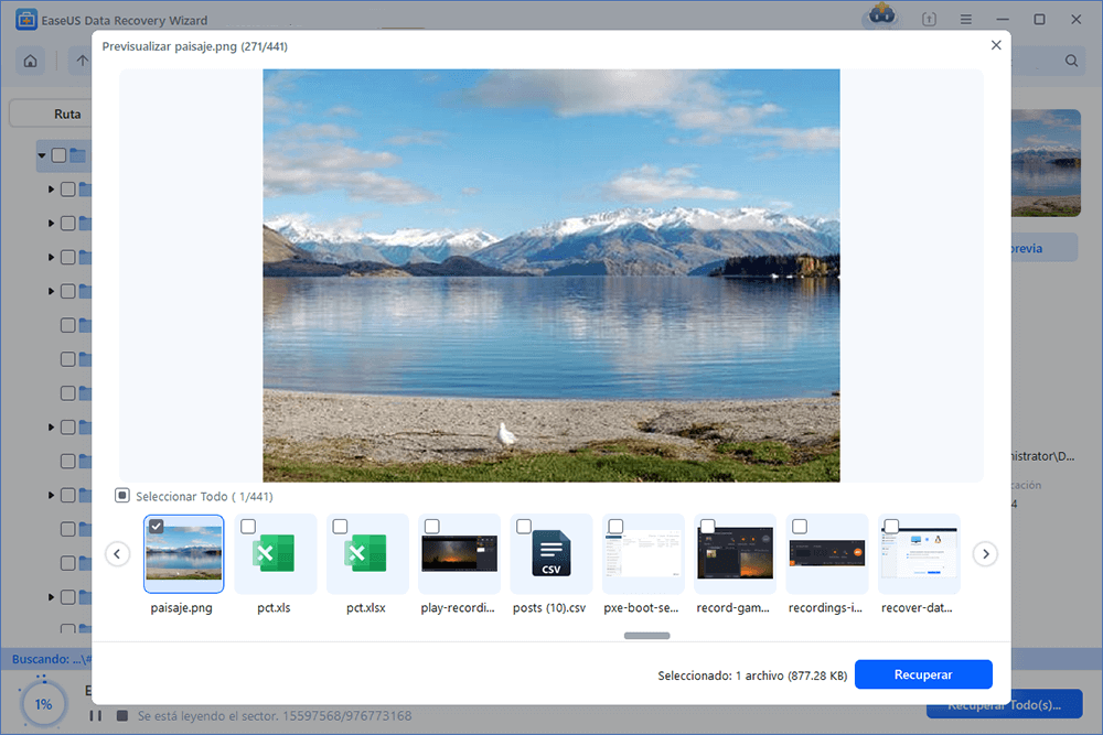 Previsualizar y recuperar los datos eliminados con EaseUS Data Recovery Wizard.