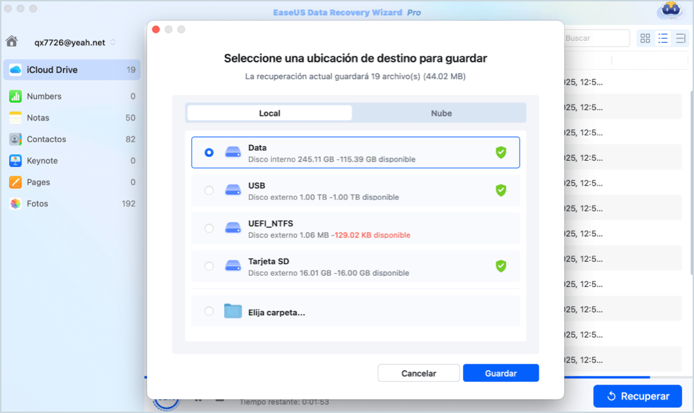 Guardar los datos recuperados de iCloud Drive