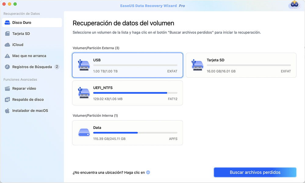 Seleccionar la tarjeta de memoria a escanear en Mac.