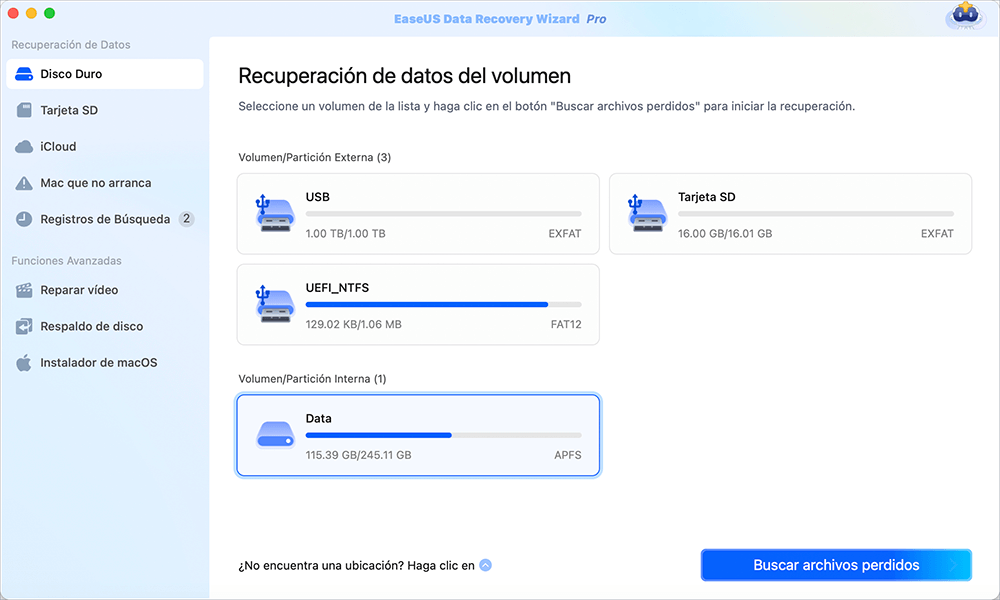 seleccionar el lugar donde se perdieron los datos y hacer clic en escanear