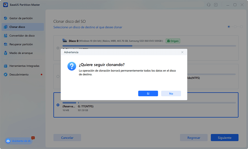 confirmar la clonación del sistema operativo en una unidad nueva