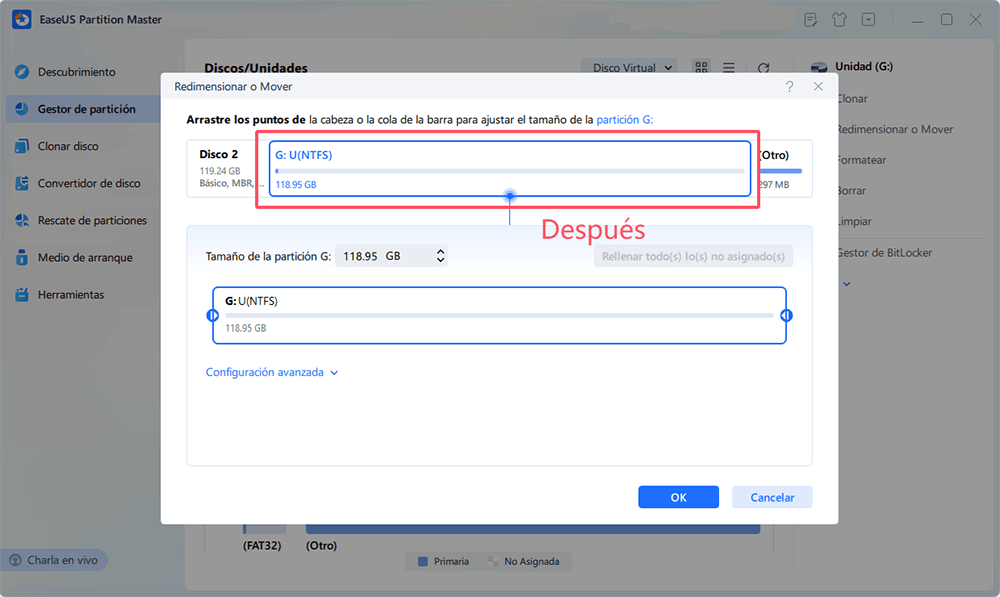 después de aplicar la función de redimensionar y mover