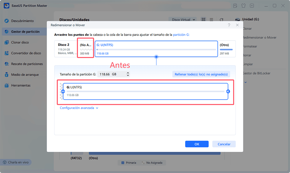 antes de aplicar la función de redimensionar y mover