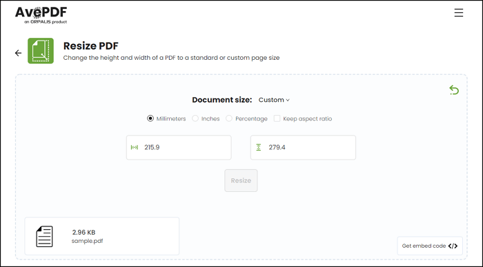 cambiar el tamaño de una página de PDF online con AvePDF