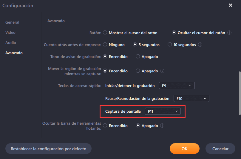 configuraciones de tecla de hacer captura de pantalla rápidamente