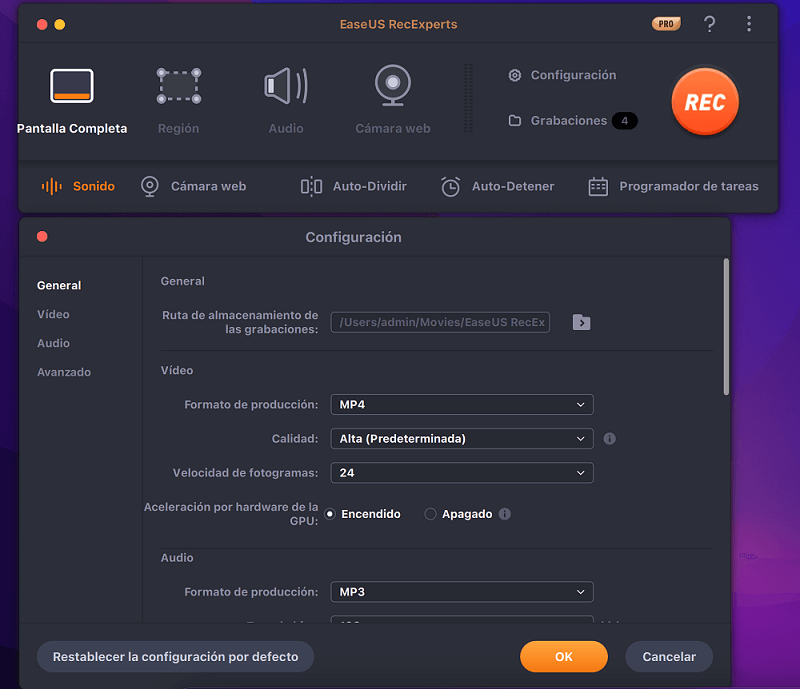 configuraciones de grabación.