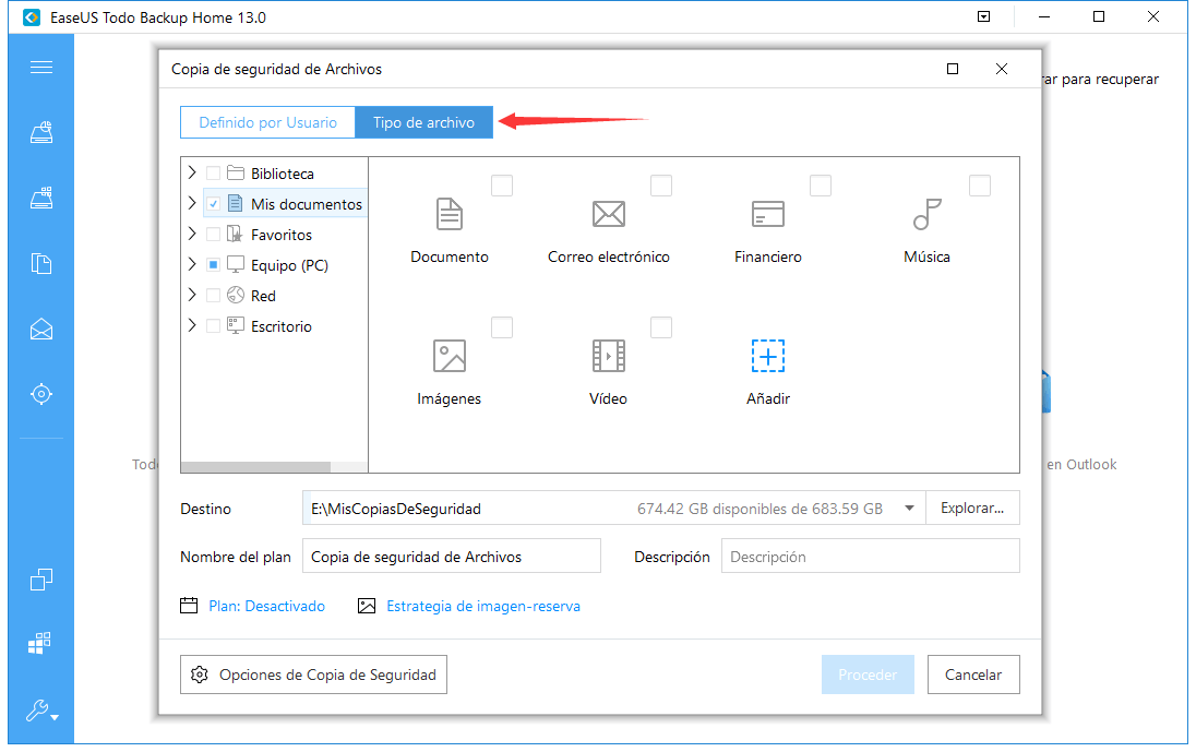 seleccione el archivo del que desea hacer una copia de seguridad