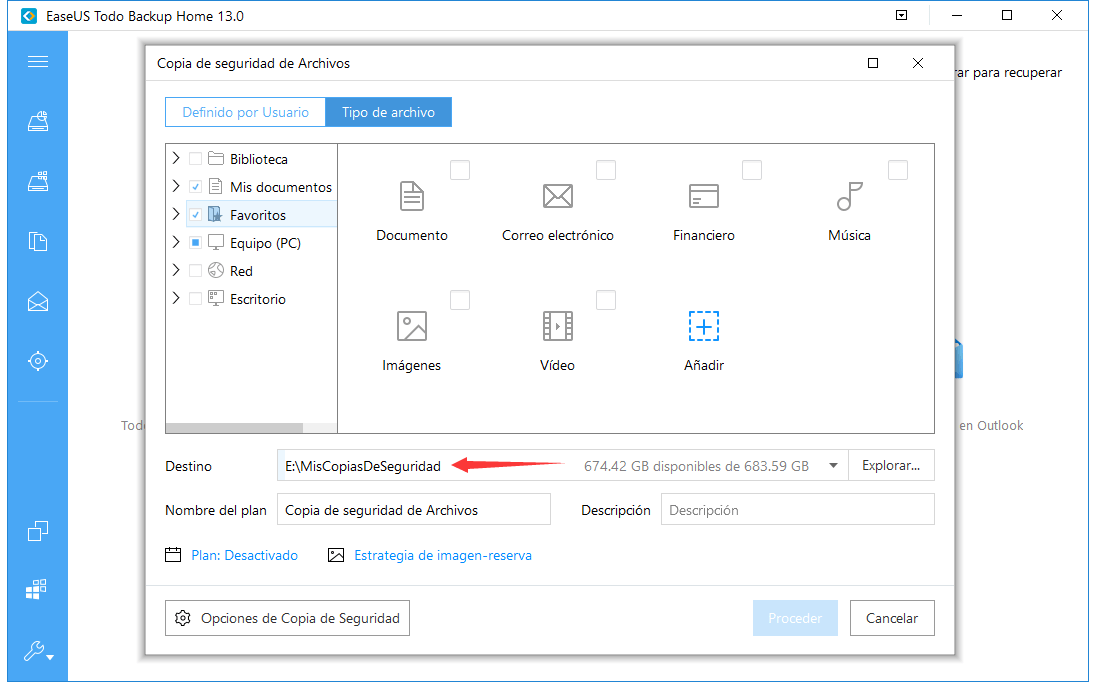 seleccione un destino para guardar las copias de seguridad de Windows
