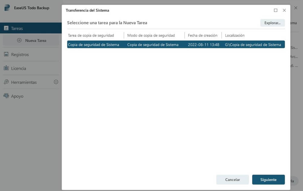 Seleccionar archivo de copia de seguridad de sistema.