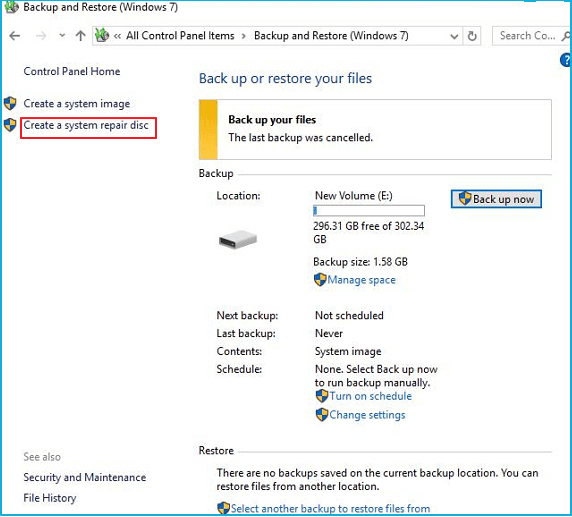 crear un disco de reparación de Windows 10