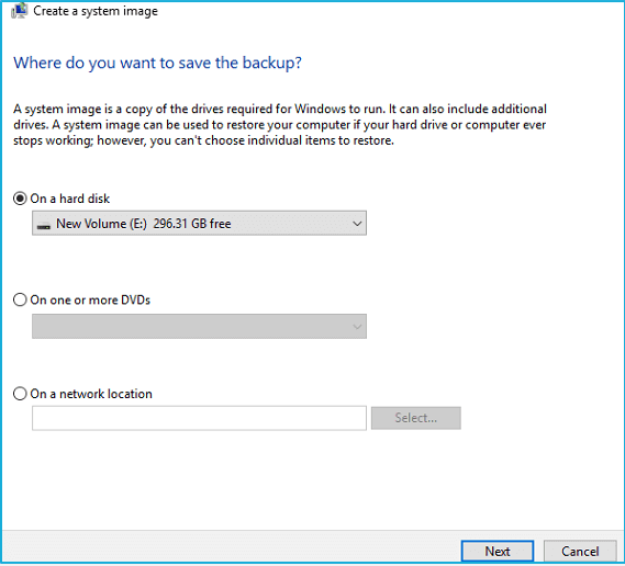 seleccione el destino para guardar la copia de seguridad completa de Windows 10